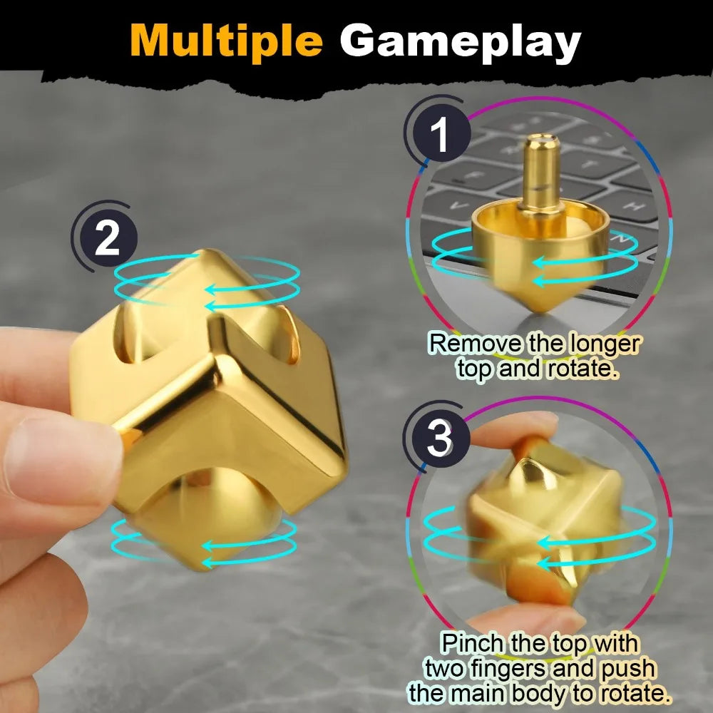 Gold fidget spinner with step-by-step instructions on how to use it
