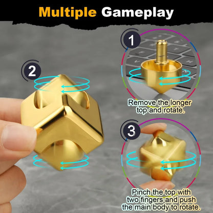 Gold fidget spinner with step-by-step instructions on how to use it