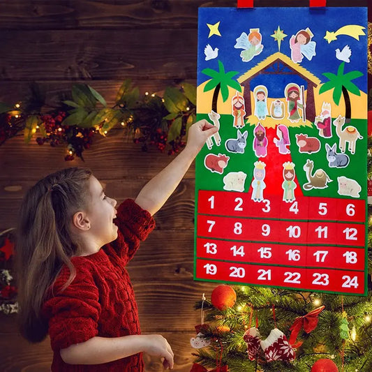 Child interacting with a Christmas advent calendar featuring nativity scenes.