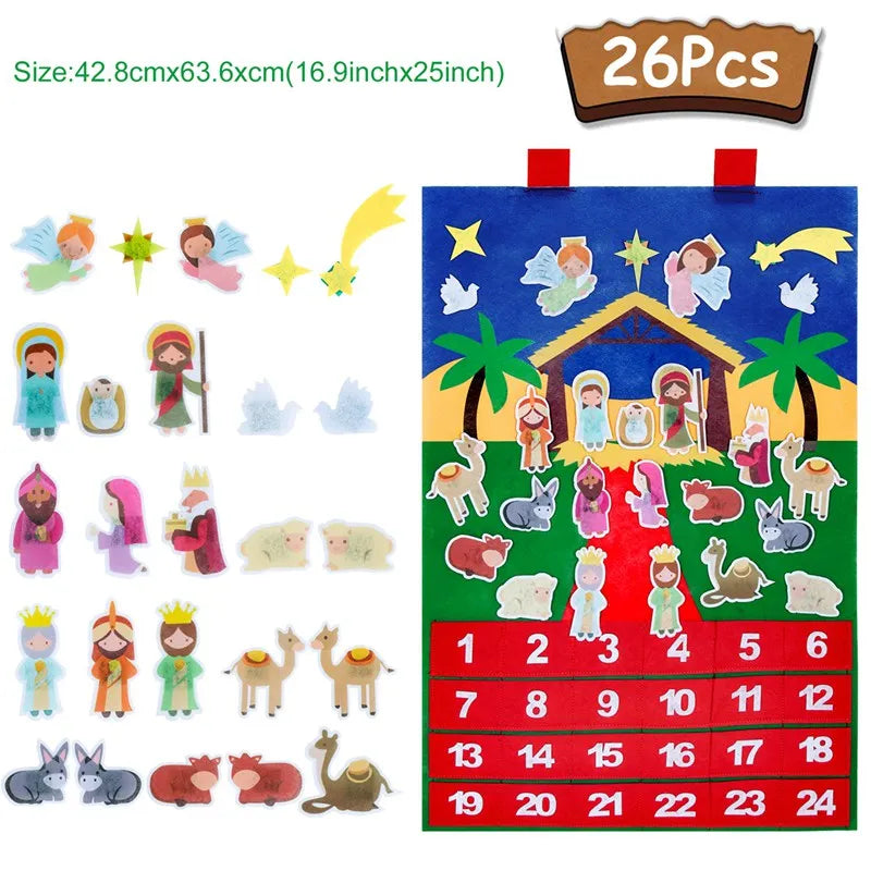 Nativity scene Advent calendar with figures and stars on a blue background