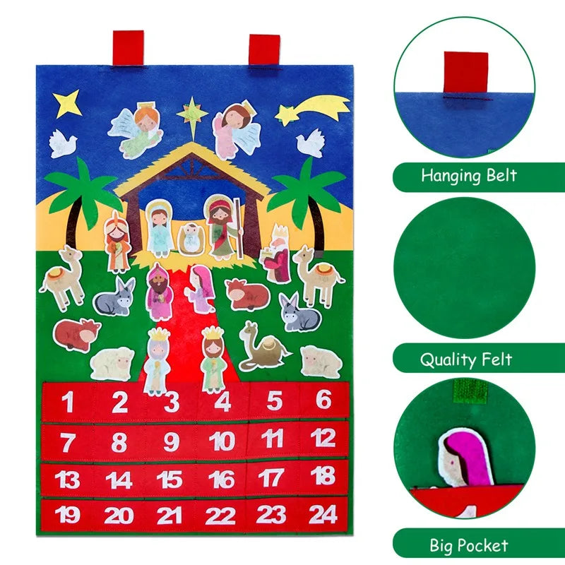 Felt nativity scene Advent calendar with colorful design and numbered sections.