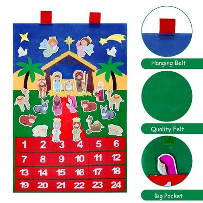 Felt nativity scene Advent calendar with colorful design and numbered sections.
