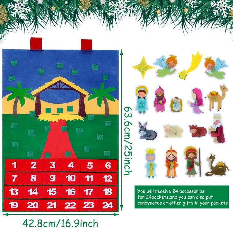 Christmas nativity scene advent calendar with detachable figures on a white background.