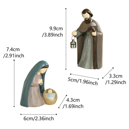 Nativity scene figures with dimensions labeled on a white background