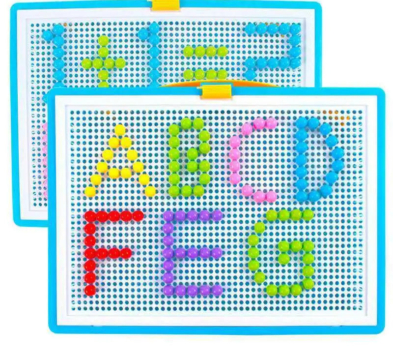 Two pegboard boards with letters and numbers made of colorful beads on a white background.