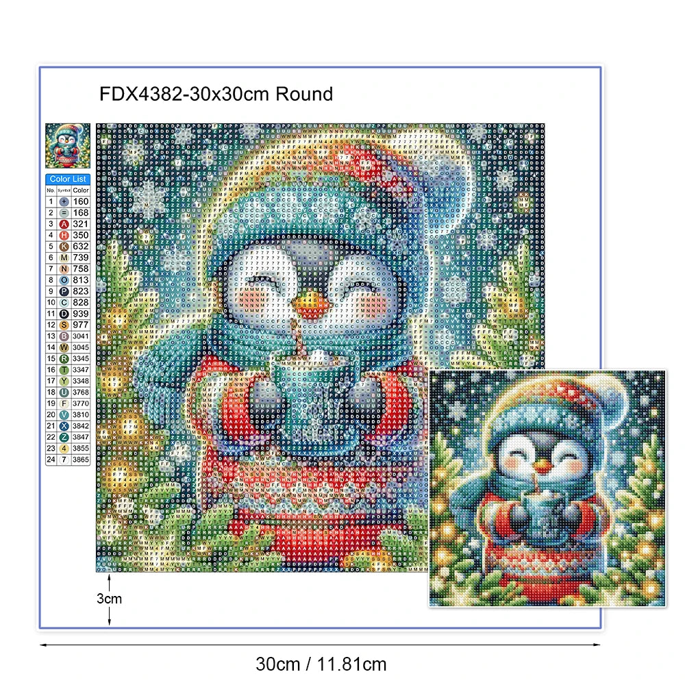 Diamond painting kit with a penguin design, size chart, and sample on a white background.
