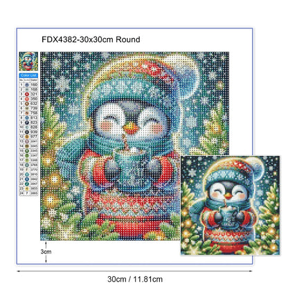 Diamond painting kit with a penguin design, size chart, and sample on a white background.
