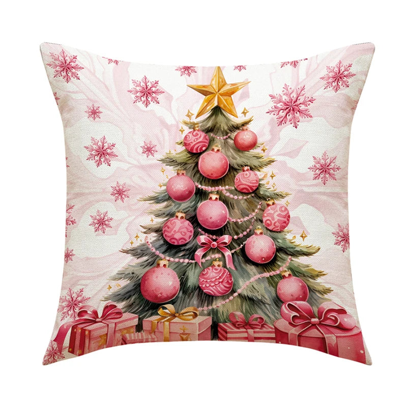 Pink Christmas tree decoration watercolour pillow case