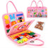 Pink educational busy book sensory toy case with colorful shapes and a small teddy bear picture on a white background
