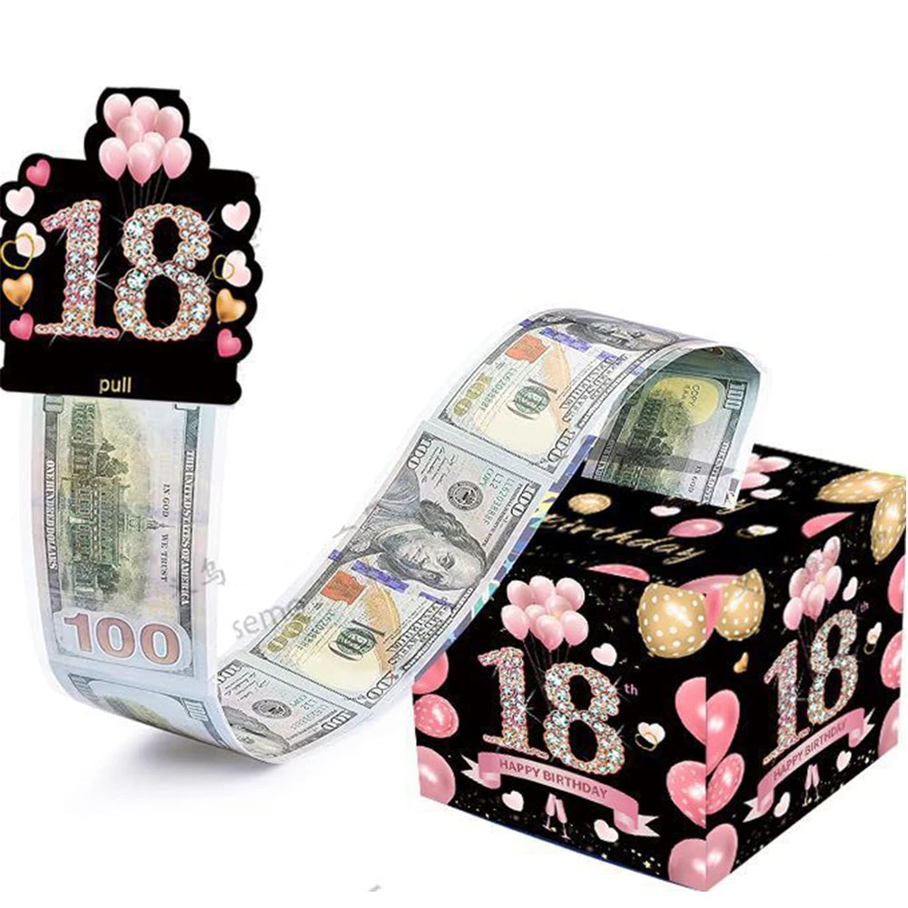 Pink gold black money pull 18th birthday box