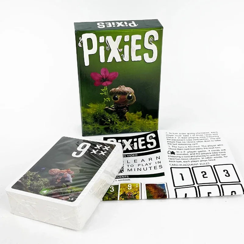 Pixies card game packaging with cards on a white background