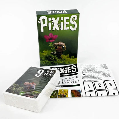 Pixies card game packaging with cards on a white background