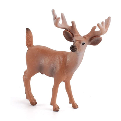 A small brown plastic deer figurine with antlers, standing on a white background.