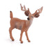 A small brown plastic deer figurine with antlers, standing on a white background.