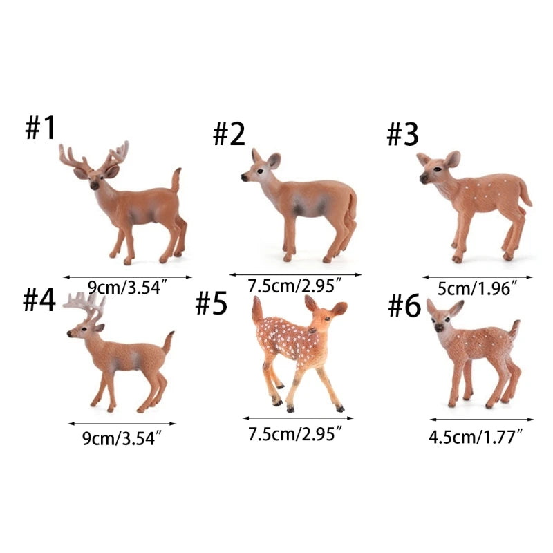 Six small deer figurines labeled #1 through #6 on a white background, each with width dimension arrows and measurements in centimeters and inches. The figures include brown deer, a spotted fawn, and a deer with antlers.