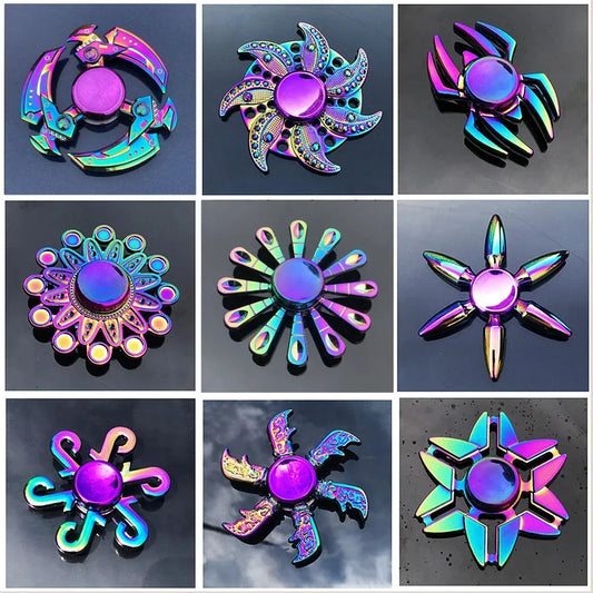 Grid of colorful fidget spinner designs on a dark background