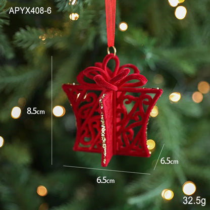 Red decorative lantern ornament with measurements on a Christmas tree background