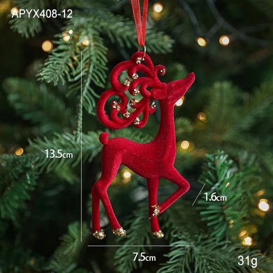 Red deer-shaped Christmas ornament with measurements on a green tree background