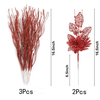 Red decorative Christmas branches with measurements on a white background