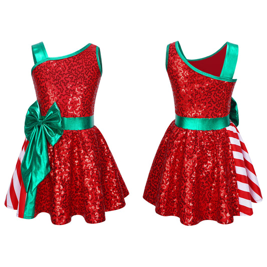 Two festive sleeveless dresses shown from the front and back on a plain white background. The dresses are red with a sequined leopard-like pattern, bright green trim and sashes, and one has a green bow on the side and the other has a red-and-white striped panel.
