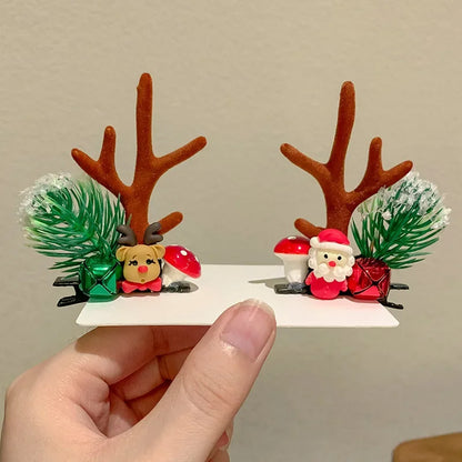 Reindeer Santa Little Mushroom Kids Christmas Hair Clips
