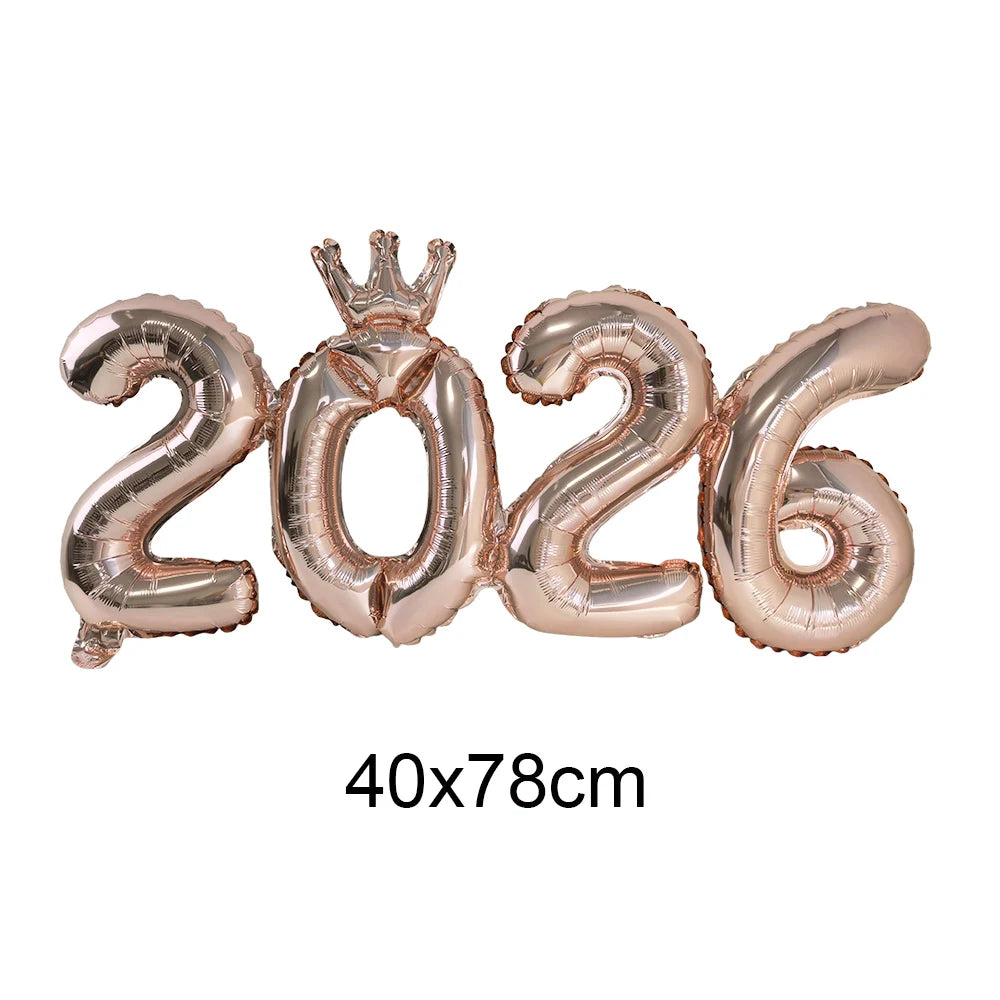 Rose gold '2026' balloon with a crown on a white background