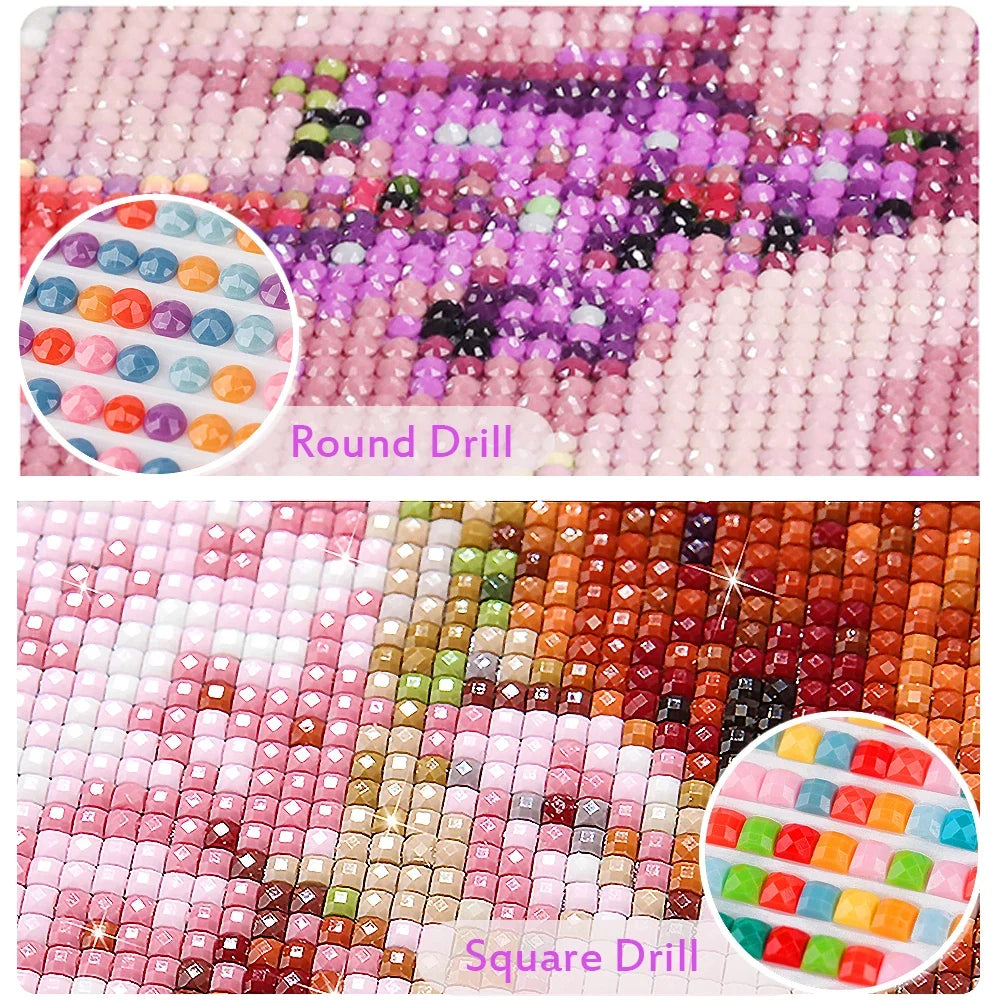 Diamond painting kits with round and square drill patterns, showing colorful beads.