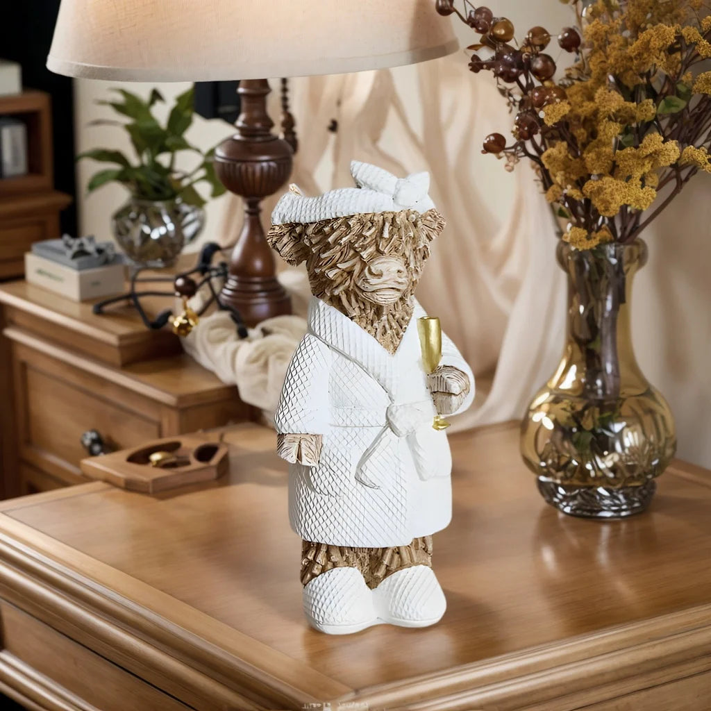 Country-Style Highland Cow Holding Champagne Decorative Statue