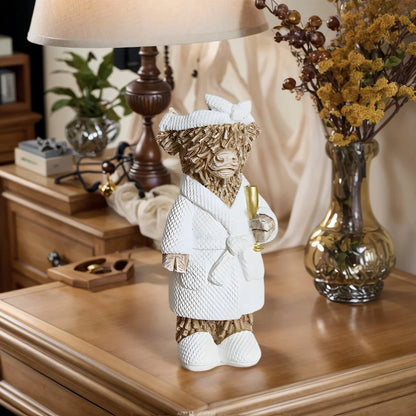 Country-Style Highland Cow Holding Champagne Decorative Statue