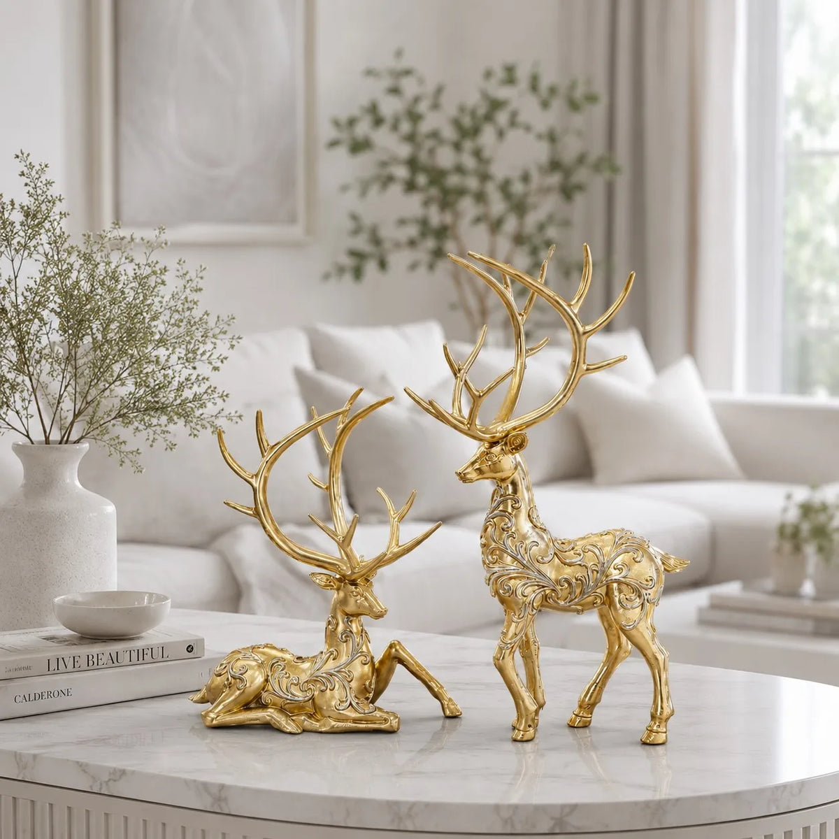 2Pcs Gold Colour Reindeer Figurines