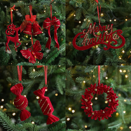 Red Flocked Christmas Bow Wreath Bell Christmas Tree Snowfall Elk Pendant Hanging Ornament