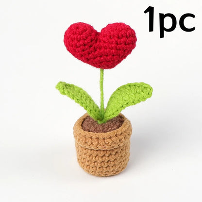 Valentines Day Handmade Knitted Flower Pot-  Red Heart