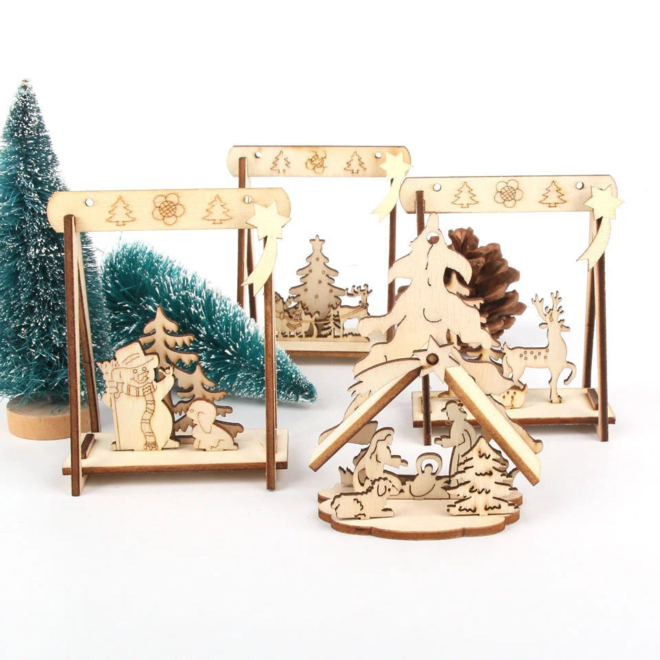 4PCS/Lot DIY Creative Mini Hollow Christmas Wooden Ornaments