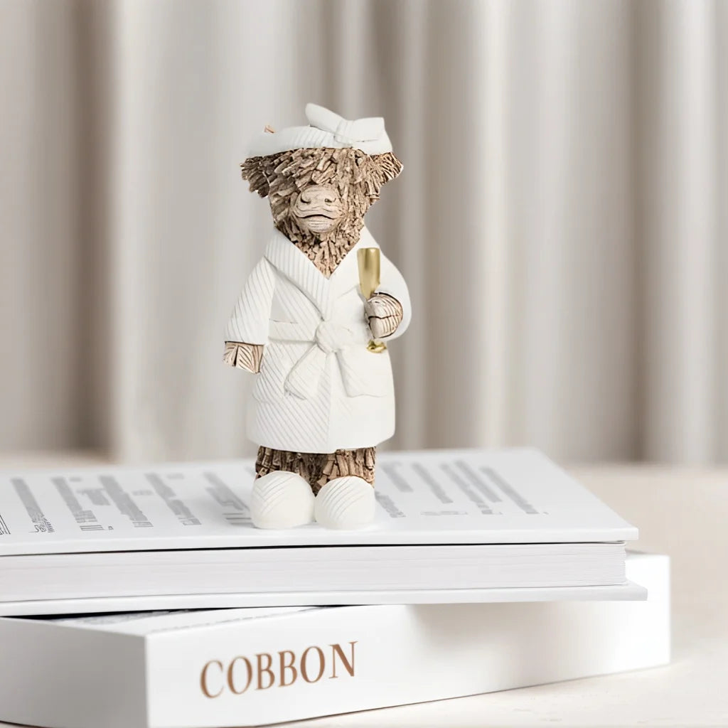Country-Style Highland Cow Holding Champagne Decorative Statue