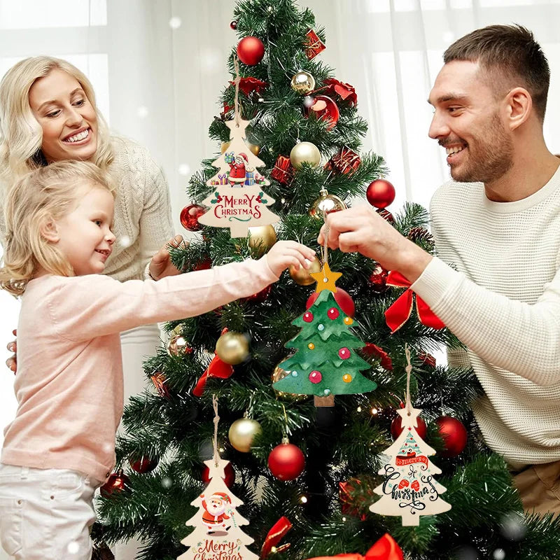 Family decorating a Christmas tree with  DIY Wooden Ornaments