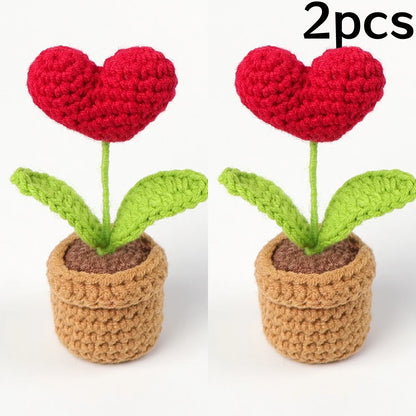 Valentines Day Handmade Knitted Flower Pot-  Red Heart