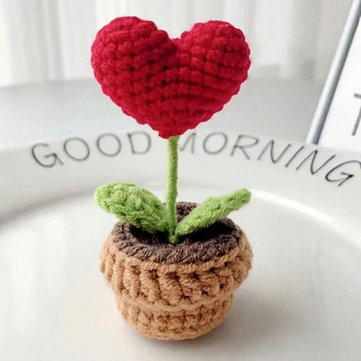 Valentines Day Handmade Knitted Flower Pot-  Red Heart