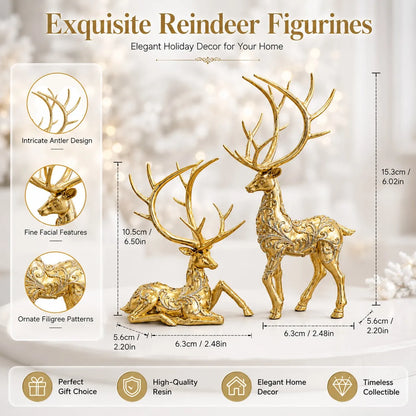 2Pcs Gold Colour Reindeer Figurines