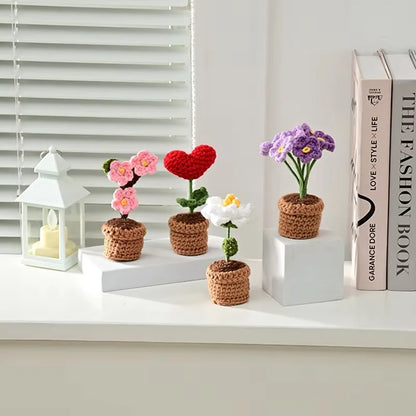 Valentines Day Handmade Knitted Flower Pot-  Red Heart