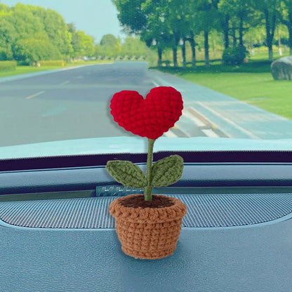 Valentines Day Handmade Knitted Flower Pot-  Red Heart