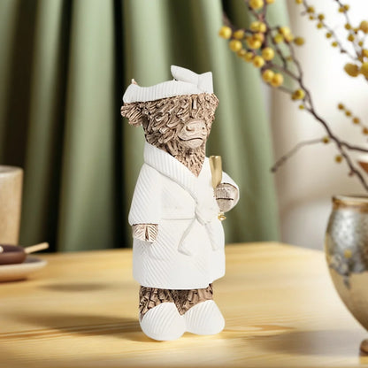Country-Style Highland Cow Holding Champagne Decorative Statue