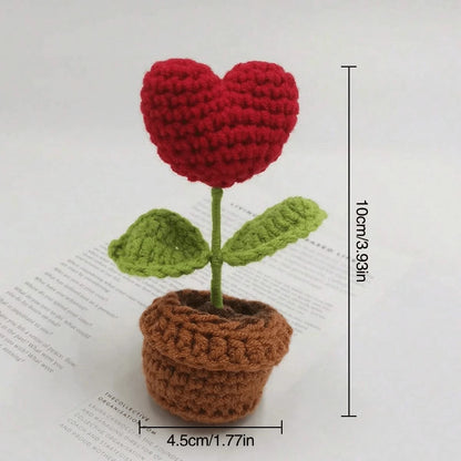 Valentines Day Handmade Knitted Flower Pot-  Red Heart