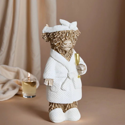 Country-Style Highland Cow Holding Champagne Decorative Statue