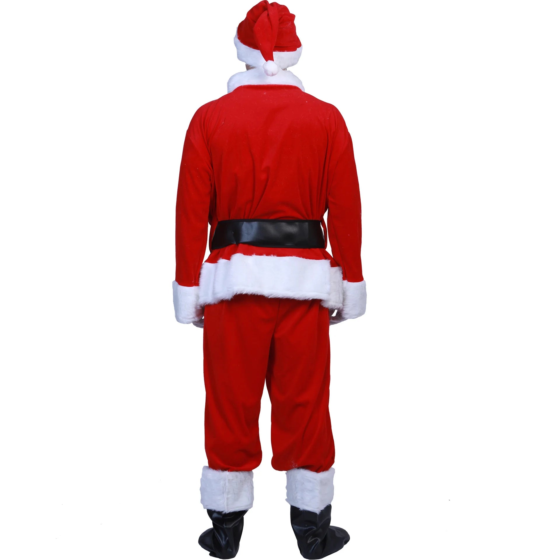 Red Santa Claus costume with black belt and shoes on a white background