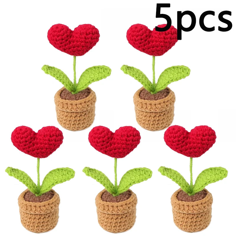 Valentines Day Handmade Knitted Flower Pot-  Red Heart