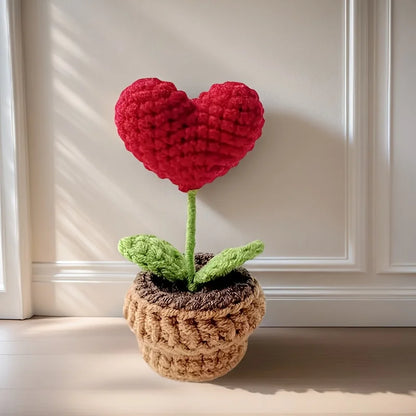 Valentines Day Handmade Knitted Flower Pot-  Red Heart