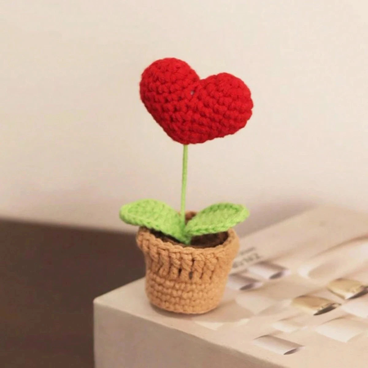 Valentines Day Handmade Knitted Flower Pot-  Red Heart