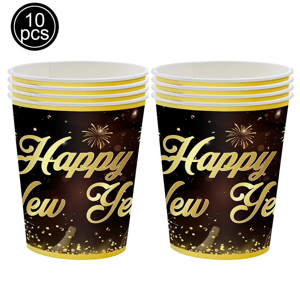 Set of 10 'Happy New Year' paper cups with gold text and designs on a black background.