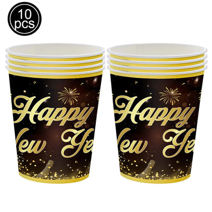 Set of 10 'Happy New Year' paper cups with gold text and designs on a black background.