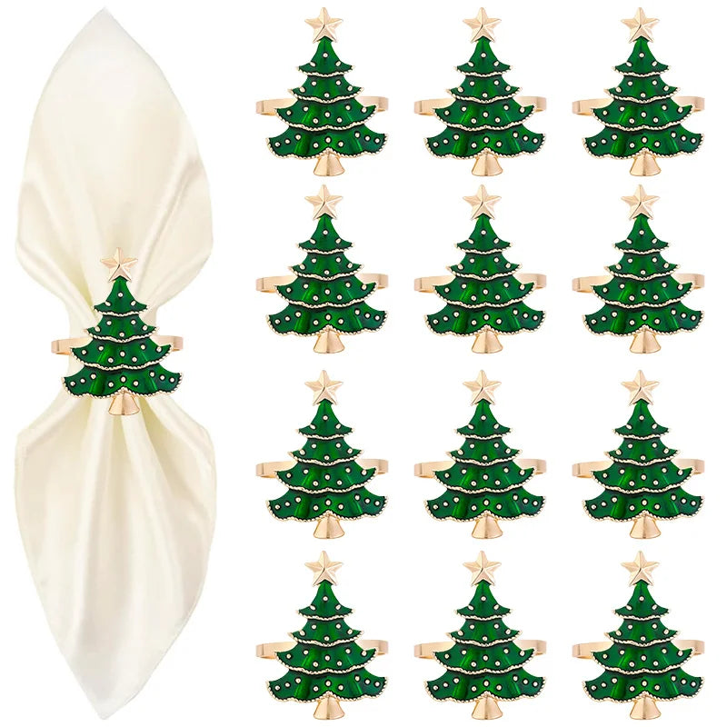 Set of 12 Christmas tree-shaped napkin holders with a white napkin.